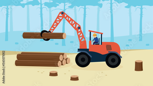 Truck with timber in the forest. Vector illustration of a construction site.