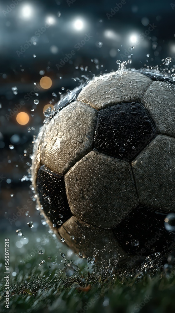 Fototapeta premium Soccer ball splashes water in action during an energetic match under stadium lights at dusk