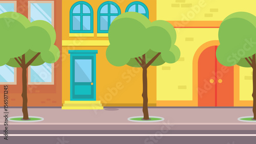 City street with trees and building in cartoon style. Vector illustration.