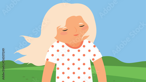 Vector illustration of a little girl with long blond hair in a polka dot dress