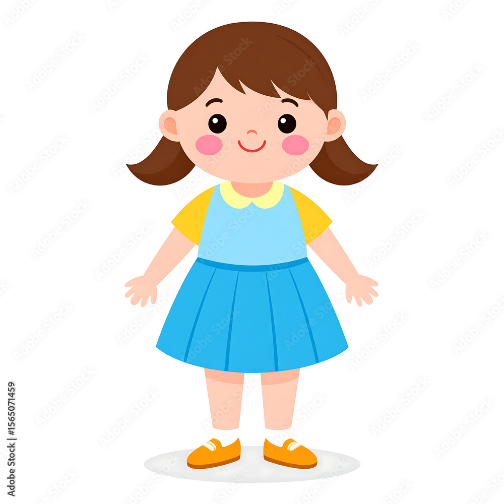 Cute girl in blue skirt and yellow shirt, smiling happily. This kawaii chibi style character radiates joy and innocence Cute girl in blue skirt and yellow shirt, smiling happily. This kawaii chibi style character radiates joy and innocence