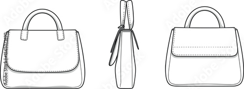 Minimalist structured handbag technical sketch, front side and back view, fashion vector illustration, leather purse with flap and handle design