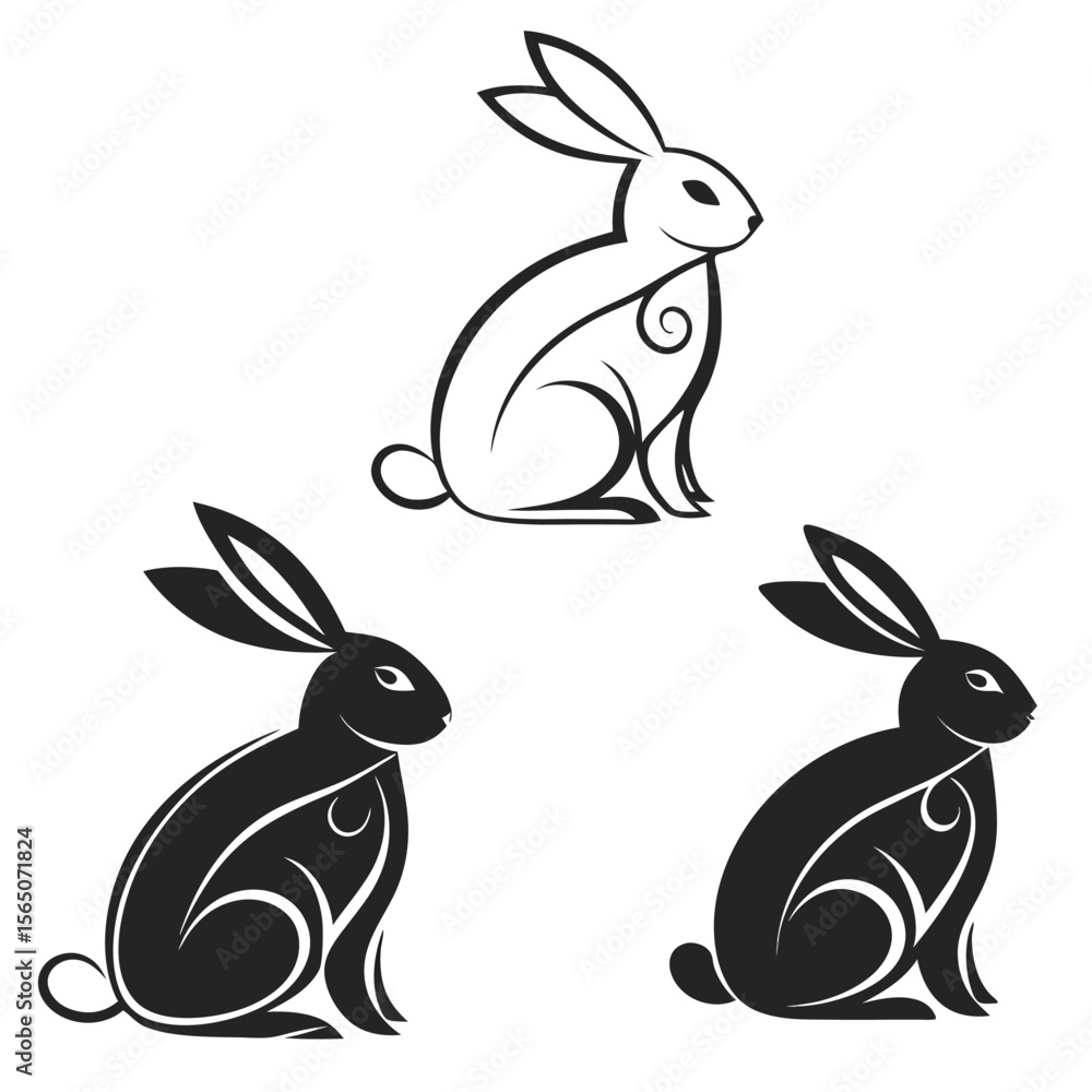 Fototapeta premium Three stylized rabbits black and white line art bunny