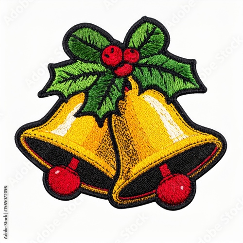 Gold Christmas Bells with Holly and Berries Patch