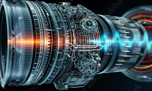 Wallpaper Mural An intricate, see-through rendering of a turbine engine, highlighting internal workings with glowing accents. Metallic, mechanical, and energy Torontodigital.ca