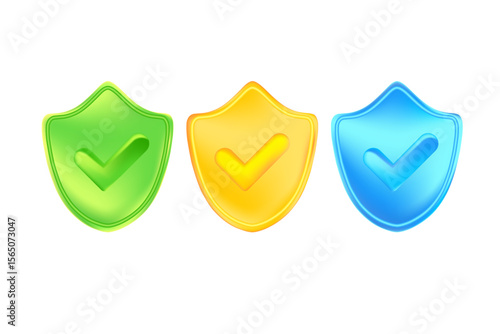 Cute green, yellow, blue 3D security shield icon with check mark isolated, transparent background. Glowing glass or plastic texture cyber data protection, safety or trust illustration