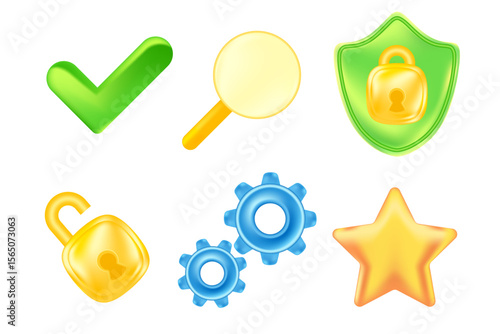 Cute gold 3D security icon set shield, green check mark, security unlocked padlock, star, search, blue gears design element isolated, transparent background. Glowing glass texture cyber data illustrat