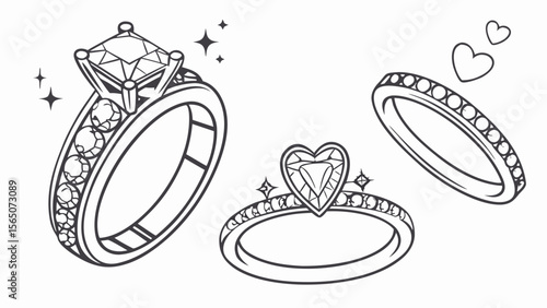 Elegant illustration of three stunning engagement rings featuring a diamond ring, heart-shaped design, and a simple band.