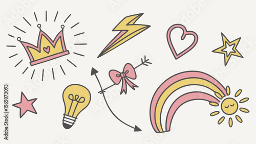 A colorful set of playful doodles featuring a crown, lightning bolt, hearts, stars, and a cheerful sun.