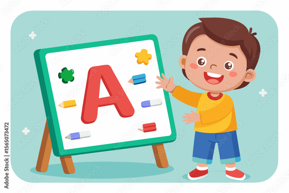 Child pointing at letter A on magnetic board Child pointing at letter A on magnetic board