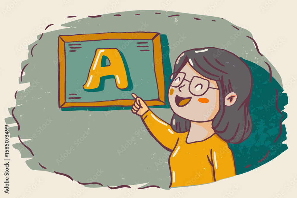 Child pointing at letter A on magnetic board Child pointing at letter A on magnetic board