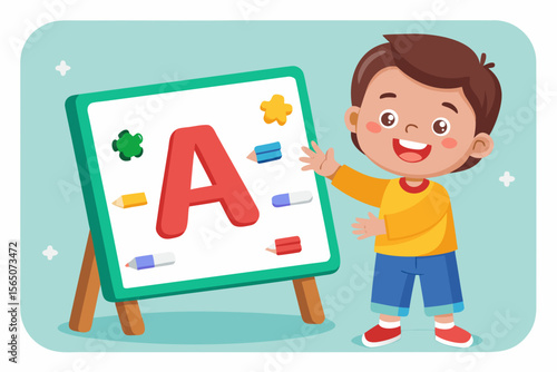 Child pointing at letter A on magnetic board