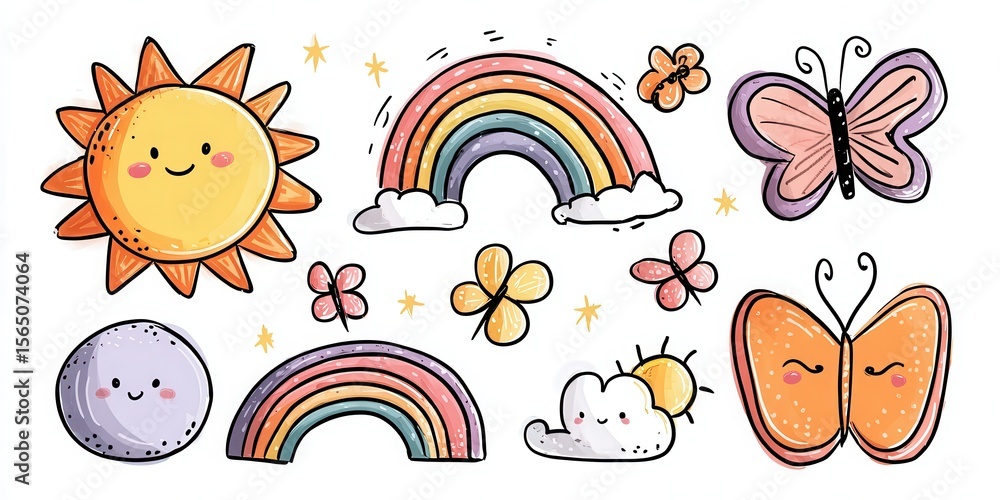 Fototapeta premium cute kawaii sun rainbow butterfly vector set