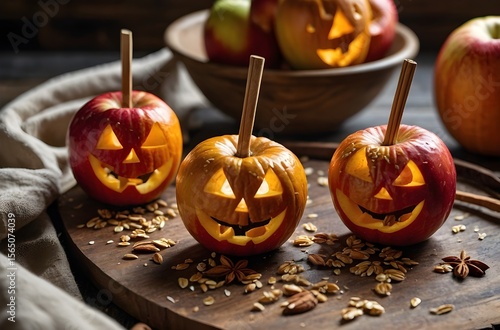 Carved Apple Jack-o’-Lanterns on Skewers – Rustic Halloween Treat Flat Lay