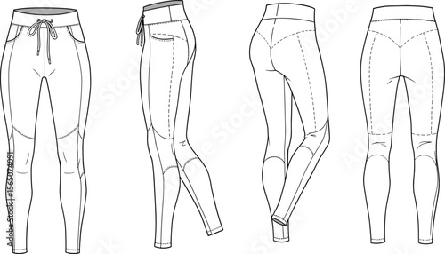 Technical flat sketch of women’s sport leggings with drawstring waist, side panels, back yoke, contour seams, activewear vector illustration