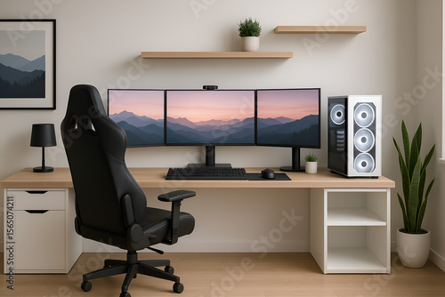 Modern RGB Gaming Room with Triple Monitor Setup – High Resolution