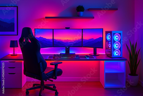Minimalist RGB Gaming Setup with Triple Monitors in Neon Room – 4K