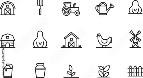 Line Art Icons of Farm Life Objects Including a Barn