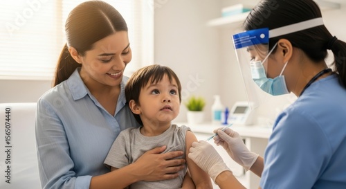 Mother and child receiving vaccination from healthcare professional