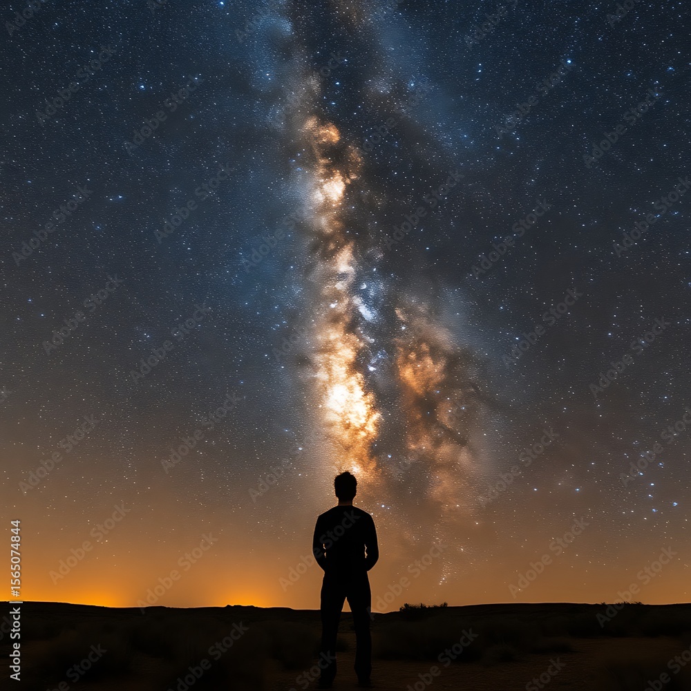 Fototapeta premium Silhouetted figure gazes at the Milky Way