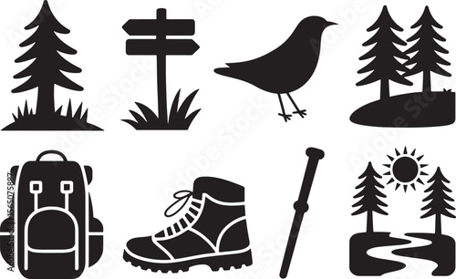  Trail and Wildlife Silhouettes: Signpost, Bird, Hiking Boot, and Trekking Pole for Outdoor Paths