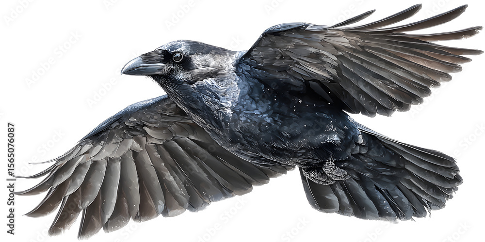 Fototapeta premium painted raven bird in flight on a white background