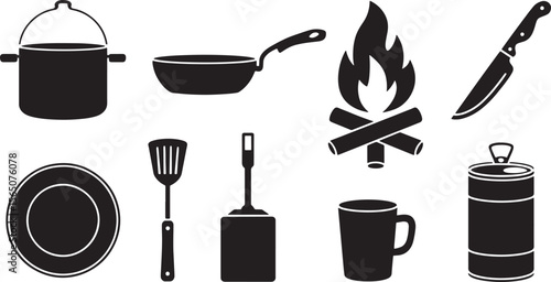 Campfire Cooking and Gear Silhouettes: Pan, Spatula, Mug, and Campfire for Outdoor Activities