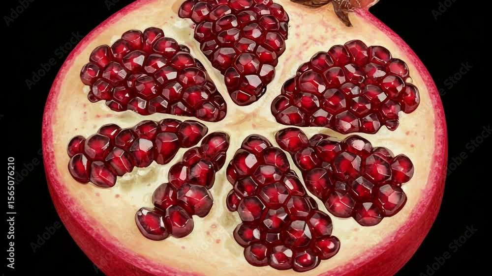 Sliced pomegranate showcasing vibrant seeds on black Sliced pomegranate showcasing vibrant seeds on black