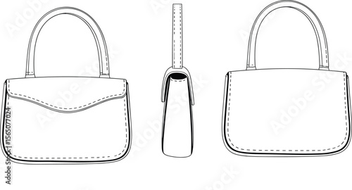 Women’s small handbag technical flat drawing, front flap detail, top handle, minimalist style, leather fashion bag vector sketch