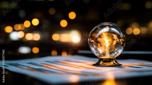 Illuminated Crystal Ball on Financial Charts with Bokeh Background