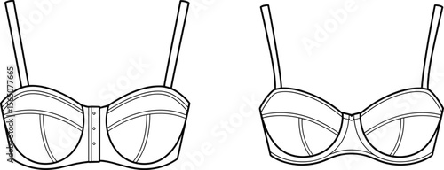 Women's underwire bra technical flat sketch, front and back view, fashion lingerie template, contour cup design, garment illustration