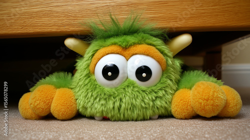 Cute green furry monster hiding under the bed