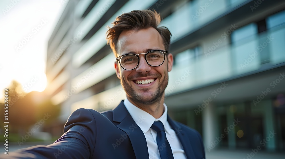 Fototapeta premium Enthusiastic young Caucasian man in a suit smiling outdoors during sunset.