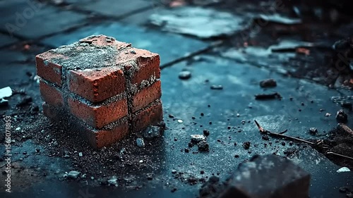 A solitary brick rests on a weathered surface, surrounded by debris and remnants of decay