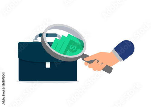 Searching for money in a briefcase using a magnifying glass stock illustration