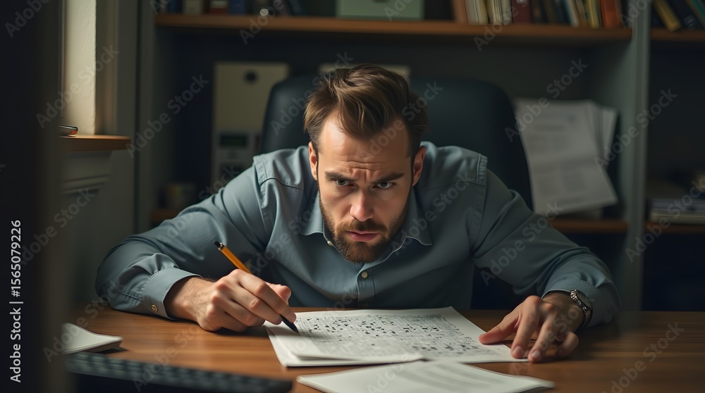 Concentrated young Caucasian man solving a puzzle at his desk, showcasing determination and focus in a cozy office setting. Concentrated young Caucasian man solving a puzzle at his desk, showcasing determination and focus in a cozy office setting.