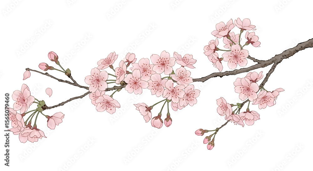 Obraz premium Illustration shows Cherry Blossoms Branch with Pink Petals and Buds on Transparent Background