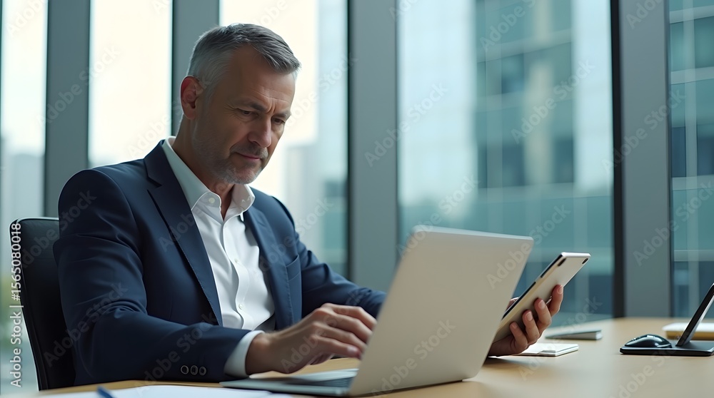 Focused middle-aged Caucasian man using a laptop and tablet in a modern office setting. Focused middle-aged Caucasian man using a laptop and tablet in a modern office setting.