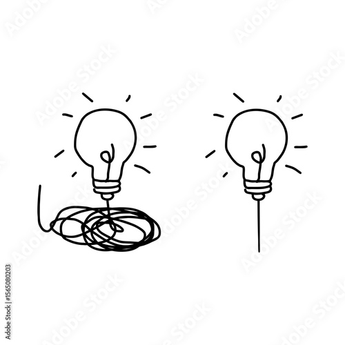 Two lightbulbs concept icon in black doodle sketch style showing tangled vs clear solution. Transparent SVG for problem-solving, business planning, innovation or education concept visuals.