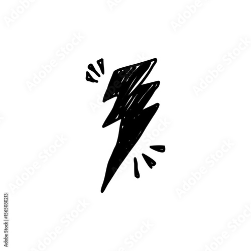 Bold hand drawn thunderbolt lightning symbol in black sketch doodle style. Electric energy icon on transparent SVG background for power concept, storm visuals, comic effects or alert graphics.