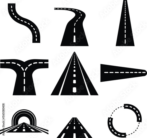 Vector Road Icon Set – Highway, Tunnel, Curved and Straight Road Signs