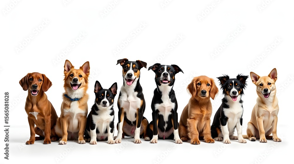 Obraz premium A joyful lineup of eight dogs, showcasing a variety of breeds and colors, all sitting and smiling together against a white background.