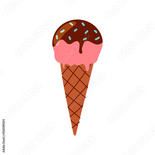 Colorful ice cream cone with chocolate and strawberry flavors, perfect summer treat enjoyed by many at parks and beaches
