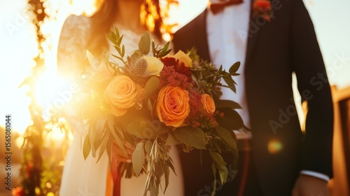 Golden Hour Wedding: Bride and Groom with Orange Rose Bouquet