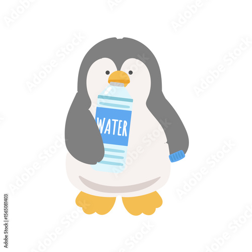 ペットボトルの水を飲むペンギン　熱中症対策　イラスト
