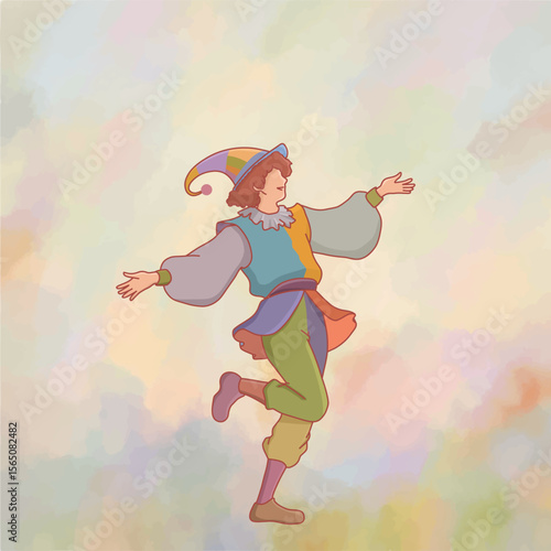 Colorful Jester Dancing with Joy Editable Vector Illustration with Watercolor Background