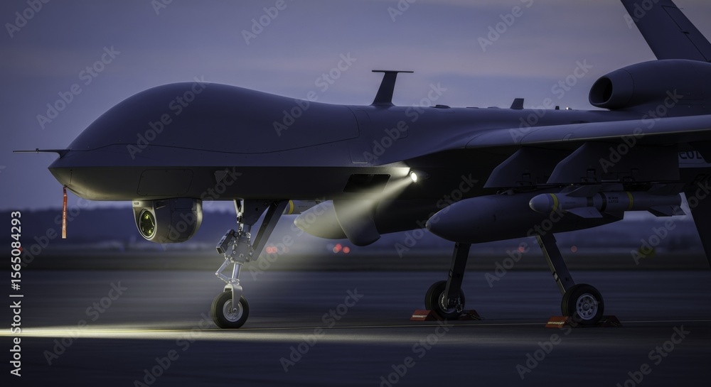 Naklejka premium Modern military drone on airfield at dusk with landing lights on