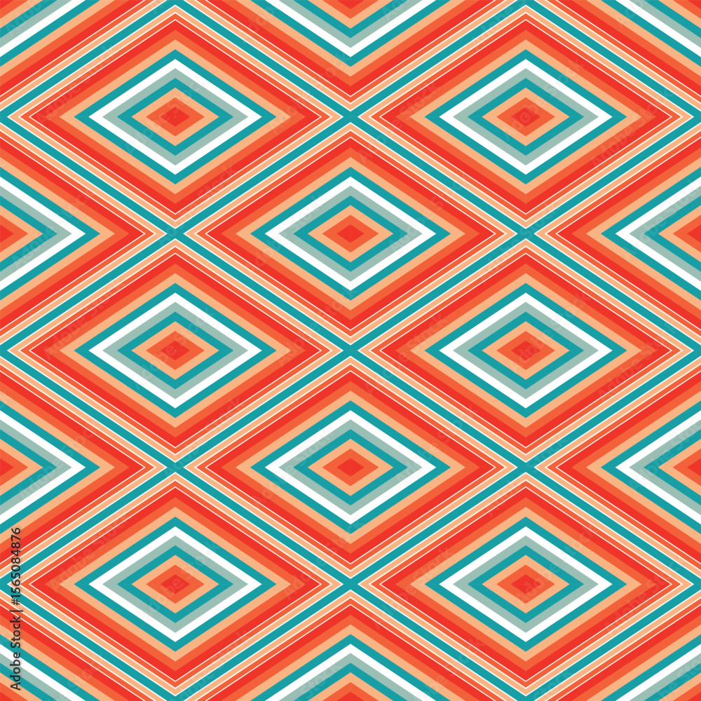Geometric Pattern With Interlocking Diamonds In Orange Teal White. fabric pattern Geometric Pattern With Interlocking Diamonds In Orange Teal White. fabric pattern
