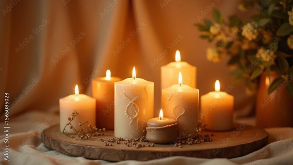 Beige candles. Close up. Beige candles. Close up.