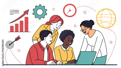 Diverse team collaborating around a laptop with charts, gear, clock and globe icons indicating progress